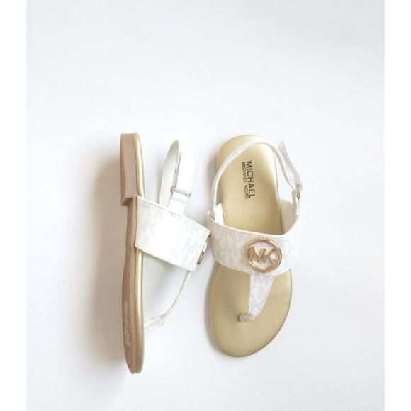 New! MICHAEL KORS Girls Marlie MK Logo T-Strap Sandals Shoe NWOB White Soft Gold - Picture 9 of 13